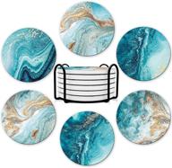 🍸 dooke coasters for drinks - round absorbent ceramic stone coasters set of 6 with cork base - funny drink coasters with holder for cold drinks, wine, mugs, cups - tabletop protection - 4 inches - teal marble logo