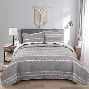 img 4 attached to King Size Grey Striped Triangle Pattern Quilt Set - Bohemian Bedding Bedspread, Soft Microfiber Coverlet for All Seasons, Including 1 Quilt + 2 Pillowcases - 90x104 Inches