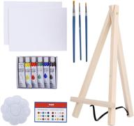 🎨 14-piece mini canvas acrylic paint set - art supplies with wood easel, 6x8 inch canvases, 6 non-toxic washable paints, 3 brushes, palette, and color mixing guide logo