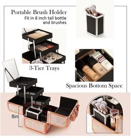 img 2 attached to 💄 Costravio Rose Gold Makeup Train Case - Cosmetic Box with Mirror, Brush Holder, Home or Travel Organizer for Make-up and Jewelry Storage. 3-Tier Tackle Trays, Portable, Lockable. Golden Marble Design.