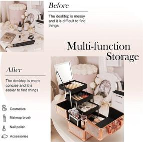 img 1 attached to 💄 Costravio Rose Gold Makeup Train Case - Cosmetic Box with Mirror, Brush Holder, Home or Travel Organizer for Make-up and Jewelry Storage. 3-Tier Tackle Trays, Portable, Lockable. Golden Marble Design.