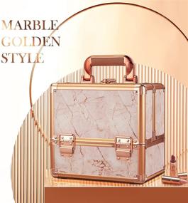 img 3 attached to 💄 Costravio Rose Gold Makeup Train Case - Cosmetic Box with Mirror, Brush Holder, Home or Travel Organizer for Make-up and Jewelry Storage. 3-Tier Tackle Trays, Portable, Lockable. Golden Marble Design.