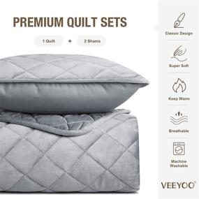 img 1 attached to 🛏️ VEEYOO Soft Velvet Queen Size Quilt Set - Geometric Pattern Stitched Bedspread with 2 Shams, All Season, Machine Washable, Grey