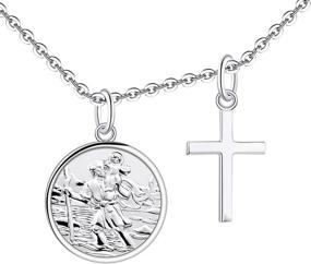 img 4 attached to FJ St. Christopher Necklace 925 Sterling Silver: Round Coin 📿 Antiqued Talisman Pendant for Women and Children - Religious Protector Amulet