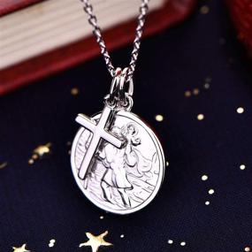 img 2 attached to FJ St. Christopher Necklace 925 Sterling Silver: Round Coin 📿 Antiqued Talisman Pendant for Women and Children - Religious Protector Amulet