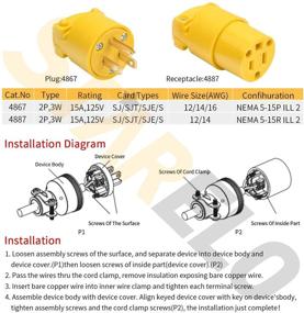 img 3 attached to 🔌 STARELO Electrical Replacement Plug & Connector Set: Yellow Shell, 125V 15A 2Pole 3Wire NEMA 5-15P & 5-15R Industrial Grade 3-Prong Straight Blade Grounding Type – Buy Now!