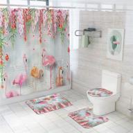 🌺 floral flamingo shower curtain set: includes 4 pcs flamingo flower vine curtain, non-slip rugs, toilet lid cover, bath mat | durable waterproof bathroom accessories with 12 hooks logo