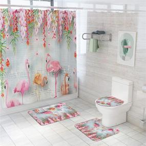 img 4 attached to 🌺 Floral Flamingo Shower Curtain Set: Includes 4 Pcs Flamingo Flower Vine Curtain, Non-Slip Rugs, Toilet Lid Cover, Bath Mat | Durable Waterproof Bathroom Accessories with 12 Hooks