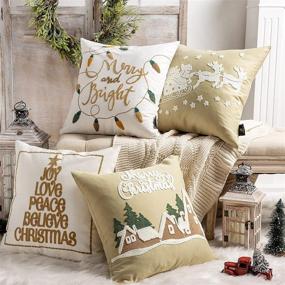 img 2 attached to 🦌 Set of 4 Merry Christmas Decorative Velvet and Cotton Canvas Throw Pillow Covers with Embroidered Letter, Santa, Elk, Latern Cushion Cover for Xmas Couch Sofa, Light Coffee, 18 x 18 inches by Phantoscope