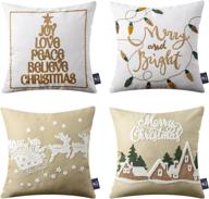 🦌 set of 4 merry christmas decorative velvet and cotton canvas throw pillow covers with embroidered letter, santa, elk, latern cushion cover for xmas couch sofa, light coffee, 18 x 18 inches by phantoscope логотип