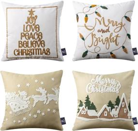 img 4 attached to 🦌 Set of 4 Merry Christmas Decorative Velvet and Cotton Canvas Throw Pillow Covers with Embroidered Letter, Santa, Elk, Latern Cushion Cover for Xmas Couch Sofa, Light Coffee, 18 x 18 inches by Phantoscope