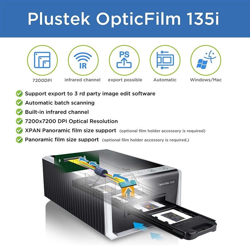 Plustek OpticFilm 8100 - 35mm Negative Film & Slide Scanner with 7200 DPI  and 48-bit output, Bundle Silverfast SE Plus 8.8, Supports Mac and PC