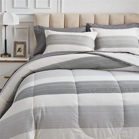 img 2 attached to 🛌 Premium Cotton Comforter Set: Gray Striped Design on White, Fluffy Cozy Bedding for All Seasons (Full/Queen, 88x 88 inches)