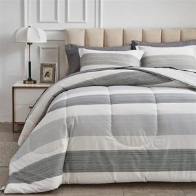 img 4 attached to 🛌 Premium Cotton Comforter Set: Gray Striped Design on White, Fluffy Cozy Bedding for All Seasons (Full/Queen, 88x 88 inches)
