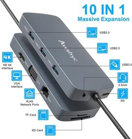 img 3 attached to AWSHYC 10-in-1 USB-C Docking Station: 4K HDMI, VGA, PD3.0, 3 USB Ports, Ethernet, 💻 Audio Port, SD/TF Card Slots | Type C Adapter for MacBook, Dell, HP, Lenovo Laptops