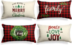 img 4 attached to 🎄 AVOIN Merry Christmas Boxwood Wreath Throw Pillow Cover - 12 x 20 Inch Winter Holiday Buffalo Plaid Cushion Case for Sofa Couch Set of 4