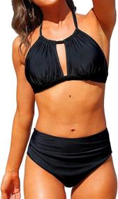 img 4 attached to 👙 Tempt Me Women's Two-Piece High Waisted Bikini Set with Halter Neck, Tummy Control, Retro Keyhole Detail - Stylish Swimsuit for a Flattering Bathing Experience