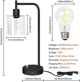 img 3 attached to Adjustable Industrial Table Lamp with USB & Type C Ports, Dimmable 🔌 Seeded Glass Shade Bedside Reading Lamp for Bedroom, Living Room - Includes Bulb