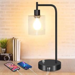 img 4 attached to Adjustable Industrial Table Lamp with USB & Type C Ports, Dimmable 🔌 Seeded Glass Shade Bedside Reading Lamp for Bedroom, Living Room - Includes Bulb