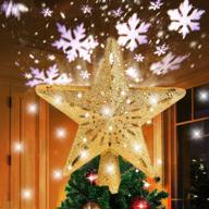 🎄 lighted gold christmas tree topper with white snowflake projector, rotating led snowflake, glittery 3d snow tree topper for christmas tree decorations, holiday party decor logo