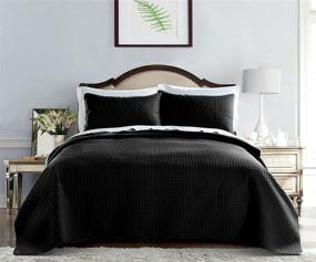 img 3 attached to 🛏️ Black Oversized Quilt Set for King/Cal King/California King Size Beds - Soft Microfiber Lightweight Bedspread - All Season 3 Piece Set with 1 Quilt and 2 Shams - Square Pattern Design