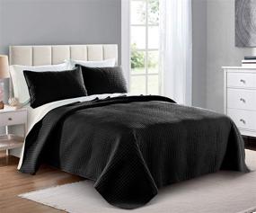 img 4 attached to 🛏️ Black Oversized Quilt Set for King/Cal King/California King Size Beds - Soft Microfiber Lightweight Bedspread - All Season 3 Piece Set with 1 Quilt and 2 Shams - Square Pattern Design