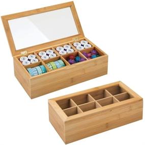 img 4 attached to mDesign Bamboo Craft and Sewing Storage Organizer Box with Hinged Lid for Craft, Sewing, and Art Supplies - Holds Paint Brushes, Colored Pencils, Stickers, and Glue - 8 Divided Sections - 2 Pack - Natural and Clear