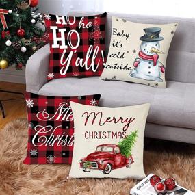 img 3 attached to 🎄 Festive Farmhouse Christmas Decoration Throw Pillow Cover Set – 18x18 Inch Plaid Red Truck, Tree, Snowflake, and Merry Christmas Designs – Set of 4 Holiday Pillowcases for Home Decor