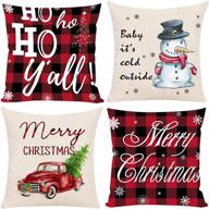 🎄 festive farmhouse christmas decoration throw pillow cover set – 18x18 inch plaid red truck, tree, snowflake, and merry christmas designs – set of 4 holiday pillowcases for home decor логотип