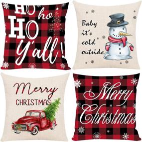 img 4 attached to 🎄 Festive Farmhouse Christmas Decoration Throw Pillow Cover Set – 18x18 Inch Plaid Red Truck, Tree, Snowflake, and Merry Christmas Designs – Set of 4 Holiday Pillowcases for Home Decor