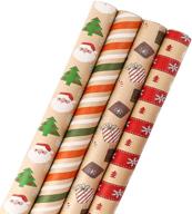 🎁 u'cover christmas wrapping paper jumbo rolls for boys girls kids baby xmas gifts | kraft paper 4style - christmas tree, santa, snowman, snowflake stripe gift wrap | 23.6×96inch/roll - 64sq.ft.ttl logo