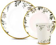 🍴 150-piece gold foil trim disposable plates and cups set - elegant greenery design for weddings and parties. includes 50 dinner plates, 50 dessert plates, and 50 cups. logo