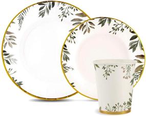 img 4 attached to 🍴 150-Piece Gold Foil Trim Disposable Plates and Cups Set - Elegant Greenery Design for Weddings and Parties. Includes 50 Dinner Plates, 50 Dessert Plates, and 50 Cups.