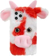 hikerclub iphone 12 mini plush case - cute dairy cow soft fluffy case handmade winter warm fur protective case for girls women (red logo