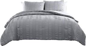 img 2 attached to 🛏️ The Nesting Company - 3 Piece Queen Size Gray Elm Stripe Seersucker Bedding Set - Microfiber Comforter Set with 2 Pillow Shams