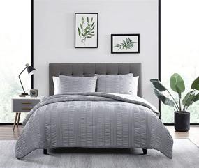 img 3 attached to 🛏️ The Nesting Company - 3 Piece Queen Size Gray Elm Stripe Seersucker Bedding Set - Microfiber Comforter Set with 2 Pillow Shams