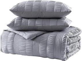 img 1 attached to 🛏️ The Nesting Company - 3 Piece Queen Size Gray Elm Stripe Seersucker Bedding Set - Microfiber Comforter Set with 2 Pillow Shams