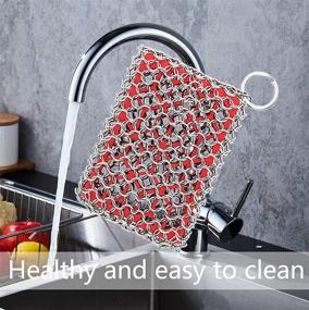 img 1 attached to 🔴 Cast Iron Cleaner with Silicone Insert for Stainless Steel Chainmail Scrubber - Ideal for Cleaning Cast Iron Pans, Cookware, and Skillets - Dishwasher Safe - Kitchen Tools Gadgets (Red)