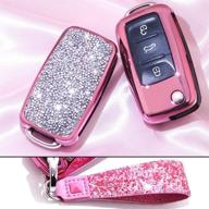 🔑 royalfox(tm) bling flip folding remote key fob case cover with 3 buttons for vw volkswagen jetta gti passat golf tiguan touareg beetle multivan sagitar accessories, in pink with keychain logo