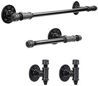 industrial vintage farmhouse bathware set: 4 piece rustic pipe decor fixture kit for diy bathroom, wall mount design with towel bar, robe hooks and toilet paper holder, in black pipes logo