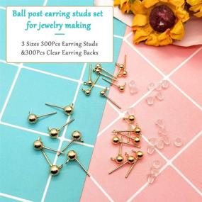 img 3 attached to 300Pcs Ball Post Earring Studs for Jewelry Making - 3 Sizes Earring Studs Ball Ear Pin 📿 Ball Post Earrings with Loop + 300Pcs Clear Earring Backs Replacements for DIY Jewelry Making Findings (KC Gold)