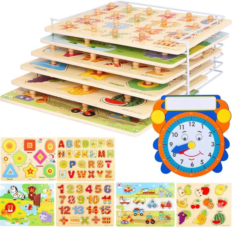 wooden toddler puzzles rack set 로고