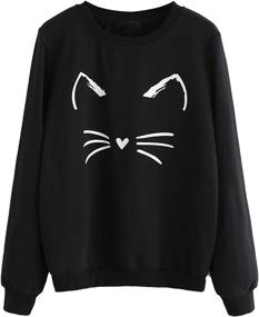 img 4 attached to 🐱 ROMWE Women's Lightweight Cat Print Sweatshirt - Long Sleeve Casual Pullover Shirt