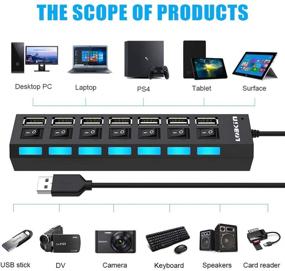 img 2 attached to 💻 Ultra Slim 7-Port USB 2.0 Data Hub with Individual LED Power Switches for Computer Networking