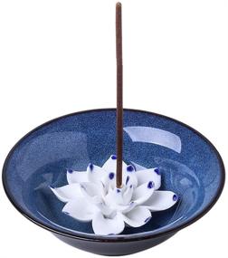 img 4 attached to Ceramic Incense Holder for Sticks - Handcrafted Bowl Ash Catcher Tray with Lotus Coil Design, 4.62 Inch, Dark Blue