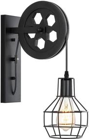 img 3 attached to 🏮 BAODEN Rustic Wall Light with Lift Pulley, Matte Iron Cage Lampshade - Industrial Mid Century Sconce for Indoor Lighting in Barn Restaurants, Black Color