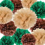 🎉 happyfield rustic woodland animals party decorations - ideal for birthday, baby shower, wedding, or bridal shower - neutral green tan brown theme - includes 12pcs tissue pom poms logo