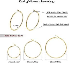 img 3 attached to Set of 3 Pairs of Hypoallergenic 925 Sterling Silver Post Thin Loop 💎 Hoop Earrings for Women, 14K Gold Plated – Perfect for Girls Looking for Big Hoops