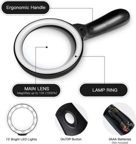 img 1 attached to 🔍 Lighted Magnifying Glass-10X Handheld Reading Magnifier Glass with 12 LED Lights - Ideal for Seniors & Kids - Large and Real Magnifying Lens for Reading, Soldering, Inspection, Coins, Jewelry, Exploring