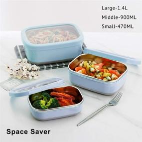 img 1 attached to 🥡 Lille Home Premium Stainless Steel Food Containers/Bento Lunch Box Set - Anti-Slip Exterior, 3 Sizes (470ML, 900ML, 1.4L), Leakproof, BPA Free, Portion Control - Blue